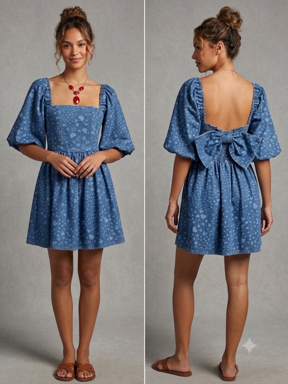 Avec Les Filles Anthropologie Denim BabyDoll Dress with Oversized Bow Detail